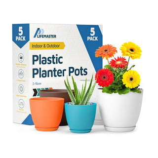 Plant Pots with Drainage Holes & Saucers, Indoor & Outdoor Stackable Plastic Planters in Multiple Sizes for Houseplants & Flowers, Durable & Weatherproof Materials, Matte Finish