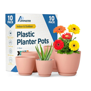 Plant Pots with Drainage Holes & Saucers, Indoor & Outdoor Stackable Plastic Planters in Multiple Sizes for Houseplants & Flowers, Durable & Weatherproof Materials, Matte Finish