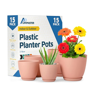 Plant Pots with Drainage Holes & Saucers, Indoor & Outdoor Stackable Plastic Planters in Multiple Sizes for Houseplants & Flowers, Durable & Weatherproof Materials, Matte Finish
