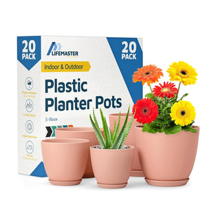 Plant Pots with Drainage Holes & Saucers, Indoor & Outdoor Stackable Plastic Planters in Multiple Sizes for Houseplants & Flowers, Durable & Weatherproof Materials, Matte Finish