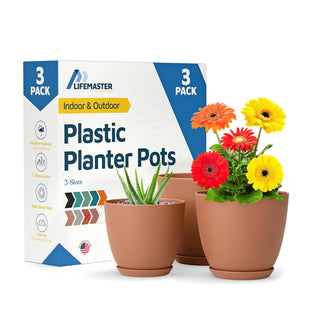 Plant Pots with Drainage Holes & Saucers, Indoor & Outdoor Stackable Plastic Planters in Multiple Sizes for Houseplants & Flowers, Durable & Weatherproof Materials, Matte Finish