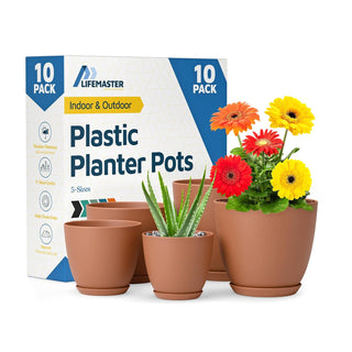 Plant Pots with Drainage Holes & Saucers, Indoor & Outdoor Stackable Plastic Planters in Multiple Sizes for Houseplants & Flowers, Durable & Weatherproof Materials, Matte Finish
