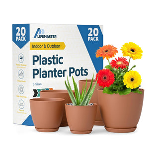 Plant Pots with Drainage Holes & Saucers, Indoor & Outdoor Stackable Plastic Planters in Multiple Sizes for Houseplants & Flowers, Durable & Weatherproof Materials, Matte Finish