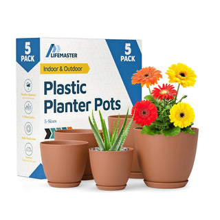 Plant Pots with Drainage Holes & Saucers, Indoor & Outdoor Stackable Plastic Planters in Multiple Sizes for Houseplants & Flowers, Durable & Weatherproof Materials, Matte Finish