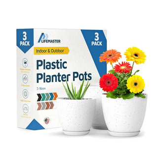 Plant Pots with Drainage Holes & Saucers, Indoor & Outdoor Stackable Plastic Planters in Multiple Sizes for Houseplants & Flowers, Durable & Weatherproof Materials, Matte Finish