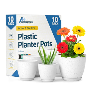 Plant Pots with Drainage Holes & Saucers, Indoor & Outdoor Stackable Plastic Planters in Multiple Sizes for Houseplants & Flowers, Durable & Weatherproof Materials, Matte Finish