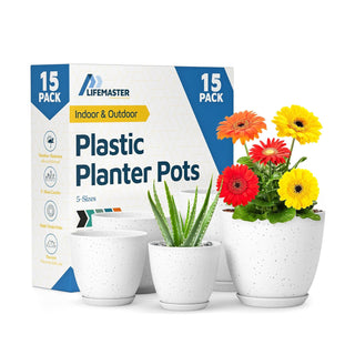 Plant Pots with Drainage Holes & Saucers, Indoor & Outdoor Stackable Plastic Planters in Multiple Sizes for Houseplants & Flowers, Durable & Weatherproof Materials, Matte Finish