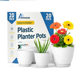Plant Pots with Drainage Holes & Saucers, Indoor & Outdoor Stackable Plastic Planters in Multiple Sizes for Houseplants & Flowers, Durable & Weatherproof Materials, Matte Finish