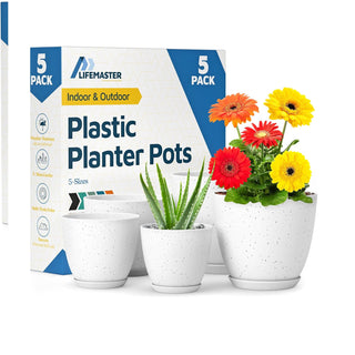 Plant Pots with Drainage Holes & Saucers, Indoor & Outdoor Stackable Plastic Planters in Multiple Sizes for Houseplants & Flowers, Durable & Weatherproof Materials, Matte Finish