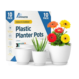 Plant Pots with Drainage Holes & Saucers, Indoor & Outdoor Stackable Plastic Planters in Multiple Sizes for Houseplants & Flowers, Durable & Weatherproof Materials, Matte Finish