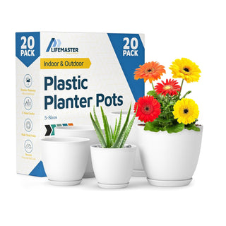 Plant Pots with Drainage Holes & Saucers, Indoor & Outdoor Stackable Plastic Planters in Multiple Sizes for Houseplants & Flowers, Durable & Weatherproof Materials, Matte Finish