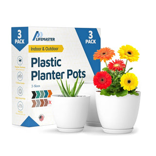 Plant Pots with Drainage Holes & Saucers, Indoor & Outdoor Stackable Plastic Planters in Multiple Sizes for Houseplants & Flowers, Durable & Weatherproof Materials, Matte Finish