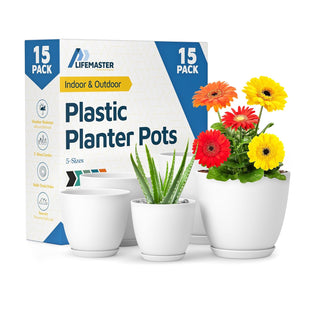 Plant Pots with Drainage Holes & Saucers, Indoor & Outdoor Stackable Plastic Planters in Multiple Sizes for Houseplants & Flowers, Durable & Weatherproof Materials, Matte Finish