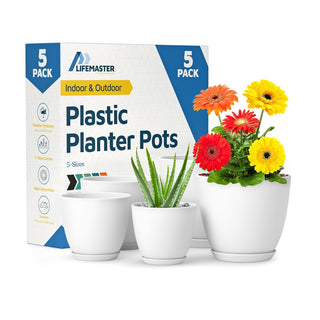 Plant Pots with Drainage Holes & Saucers, Indoor & Outdoor Stackable Plastic Planters in Multiple Sizes for Houseplants & Flowers, Durable & Weatherproof Materials, Matte Finish