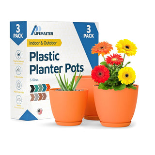 Plant Pots with Drainage Holes & Saucers, Indoor & Outdoor Stackable Plastic Planters in Multiple Sizes for Houseplants & Flowers, Durable & Weatherproof Materials, Matte Finish