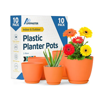 Plant Pots with Drainage Holes & Saucers, Indoor & Outdoor Stackable Plastic Planters in Multiple Sizes for Houseplants & Flowers, Durable & Weatherproof Materials, Matte Finish