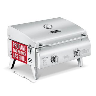 Portable Stainless Steel Propane Gas Grill – 2-Burner Tabletop BBQ with Foldable Legs, Easy-Clean Design & Wind-Resistant Lid – Ideal for Camping & Outdoor Cooking – Stainless Steel