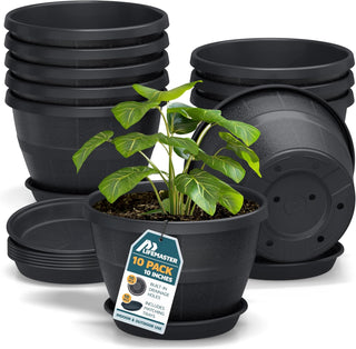 10-Inch Whiskey Barrel Planters Outdoor - Durable Plastic Plant Pots for Indoor & Outdoor Use with Drainage & Saucer, Lightweight Rustic Barrel Planters for Flowers, Herbs & Small Plants