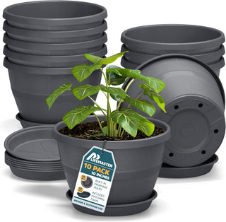 10-Inch Whiskey Barrel Planters Outdoor - Durable Plastic Plant Pots for Indoor & Outdoor Use with Drainage & Saucer, Lightweight Rustic Barrel Planters for Flowers, Herbs & Small Plants