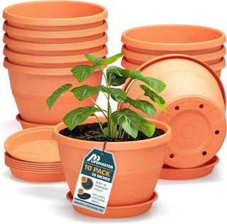10-Inch Whiskey Barrel Planters Outdoor - Durable Plastic Plant Pots for Indoor & Outdoor Use with Drainage & Saucer, Lightweight Rustic Barrel Planters for Flowers, Herbs & Small Plants