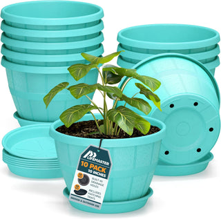 10-Inch Whiskey Barrel Planters Outdoor - Durable Plastic Plant Pots for Indoor & Outdoor Use with Drainage & Saucer, Lightweight Rustic Barrel Planters for Flowers, Herbs & Small Plants