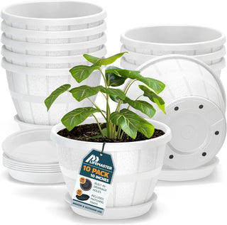 10-Inch Whiskey Barrel Planters Outdoor - Durable Plastic Plant Pots for Indoor & Outdoor Use with Drainage & Saucer, Lightweight Rustic Barrel Planters for Flowers, Herbs & Small Plants