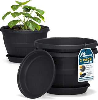 10-Inch Whiskey Barrel Planters Outdoor - Durable Plastic Plant Pots for Indoor & Outdoor Use with Drainage & Saucer, Lightweight Rustic Barrel Planters for Flowers, Herbs & Small Plants