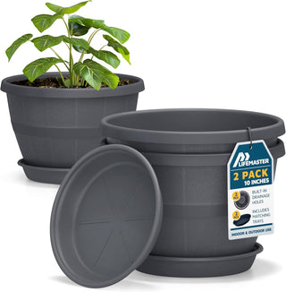 10-Inch Whiskey Barrel Planters Outdoor - Durable Plastic Plant Pots for Indoor & Outdoor Use with Drainage & Saucer, Lightweight Rustic Barrel Planters for Flowers, Herbs & Small Plants