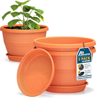 10-Inch Whiskey Barrel Planters Outdoor - Durable Plastic Plant Pots for Indoor & Outdoor Use with Drainage & Saucer, Lightweight Rustic Barrel Planters for Flowers, Herbs & Small Plants