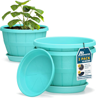 10-Inch Whiskey Barrel Planters Outdoor - Durable Plastic Plant Pots for Indoor & Outdoor Use with Drainage & Saucer, Lightweight Rustic Barrel Planters for Flowers, Herbs & Small Plants