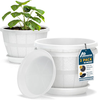 10-Inch Whiskey Barrel Planters Outdoor - Durable Plastic Plant Pots for Indoor & Outdoor Use with Drainage & Saucer, Lightweight Rustic Barrel Planters for Flowers, Herbs & Small Plants