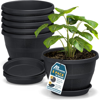 10-Inch Whiskey Barrel Planters Outdoor - Durable Plastic Plant Pots for Indoor & Outdoor Use with Drainage & Saucer, Lightweight Rustic Barrel Planters for Flowers, Herbs & Small Plants