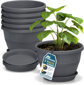 10-Inch Whiskey Barrel Planters Outdoor - Durable Plastic Plant Pots for Indoor & Outdoor Use with Drainage & Saucer, Lightweight Rustic Barrel Planters for Flowers, Herbs & Small Plants