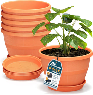 10-Inch Whiskey Barrel Planters Outdoor - Durable Plastic Plant Pots for Indoor & Outdoor Use with Drainage & Saucer, Lightweight Rustic Barrel Planters for Flowers, Herbs & Small Plants