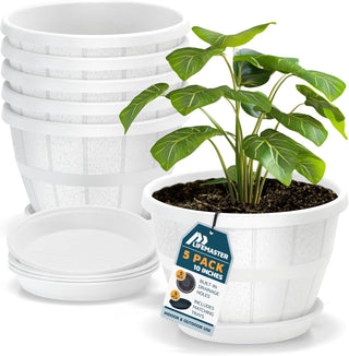 10-Inch Whiskey Barrel Planters Outdoor - Durable Plastic Plant Pots for Indoor & Outdoor Use with Drainage & Saucer, Lightweight Rustic Barrel Planters for Flowers, Herbs & Small Plants