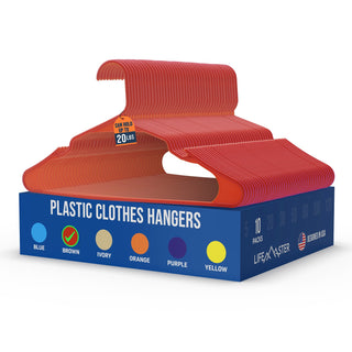Lifemaster Plastic Clothes Hangers – Heavy Duty Hanger Set, For Organizing Clothes, Dresses, and Coats, Holds Up To 5 lbs, Space-saving Hangers with Non-Slip Shoulder Grooves, Brown