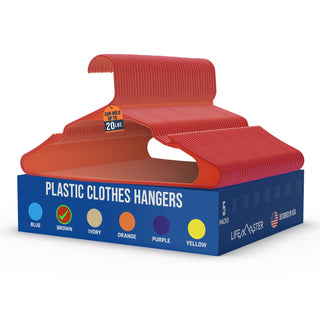 Lifemaster Plastic Clothes Hangers – Heavy Duty Hanger Set, For Organizing Clothes, Dresses, and Coats, Holds Up To 5 lbs, Space-saving Hangers with Non-Slip Shoulder Grooves, Brown