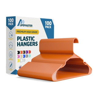 Lifemaster Plastic Clothes Hangers – Heavy Duty Hanger Set, For Organizing Clothes, Dresses, and Coats, Holds Up To 5 lbs, Space-saving Hangers with Non-Slip Shoulder Grooves, Orange