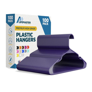 Lifemaster Plastic Clothes Hangers – Heavy Duty Hanger Set, For Organizing Clothes, Dresses, and Coats, Holds Up To 5 lbs, Space-saving Hangers with Non-Slip Shoulder Grooves, Purple