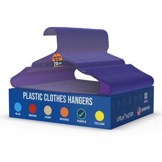 Lifemaster Plastic Clothes Hangers – Heavy Duty Hanger Set, For Organizing Clothes, Dresses, and Coats, Holds Up To 5 lbs, Space-saving Hangers with Non-Slip Shoulder Grooves, Purple