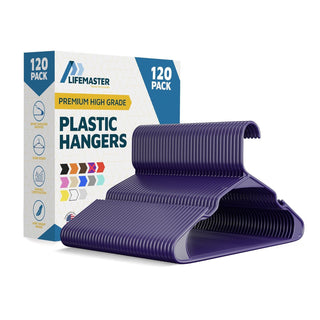 Lifemaster Plastic Clothes Hangers – Heavy Duty Hanger Set, For Organizing Clothes, Dresses, and Coats, Holds Up To 5 lbs, Space-saving Hangers with Non-Slip Shoulder Grooves, Purple