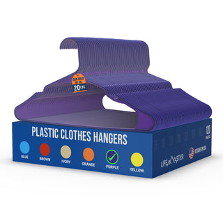 Lifemaster Plastic Clothes Hangers – Heavy Duty Hanger Set, For Organizing Clothes, Dresses, and Coats, Holds Up To 5 lbs, Space-saving Hangers with Non-Slip Shoulder Grooves, Purple