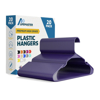Lifemaster Plastic Clothes Hangers – Heavy Duty Hanger Set, For Organizing Clothes, Dresses, and Coats, Holds Up To 5 lbs, Space-saving Hangers with Non-Slip Shoulder Grooves, Purple