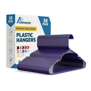 Lifemaster Plastic Clothes Hangers – Heavy Duty Hanger Set, For Organizing Clothes, Dresses, and Coats, Holds Up To 5 lbs, Space-saving Hangers with Non-Slip Shoulder Grooves, Purple