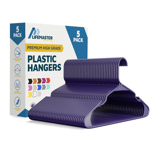 Lifemaster Plastic Clothes Hangers – Heavy Duty Hanger Set, For Organizing Clothes, Dresses, and Coats, Holds Up To 5 lbs, Space-saving Hangers with Non-Slip Shoulder Grooves, Purple