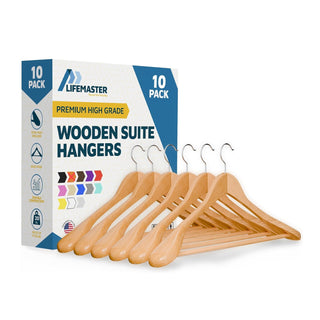 Lifemaster Solid Wooden Hanger Set - Non-Slip Versatile Closet Space-Saving Hanger Set for Suit, Coat, Camisole, Jacket, Pants, and Dresses with 360° Swivel Hook - Natural Color