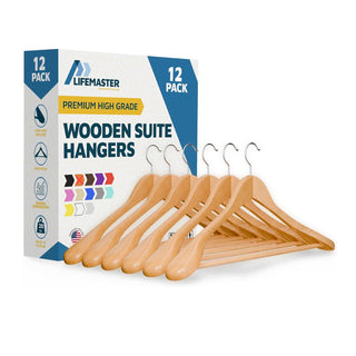 Lifemaster Solid Wooden Hanger Set - Non-Slip Versatile Closet Space-Saving Hanger Set for Suit, Coat, Camisole, Jacket, Pants, and Dresses with 360° Swivel Hook - Natural Color