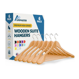 Lifemaster Solid Wooden Hanger Set - Non-Slip Versatile Closet Space-Saving Hanger Set for Suit, Coat, Camisole, Jacket, Pants, and Dresses with 360° Swivel Hook - Natural Color