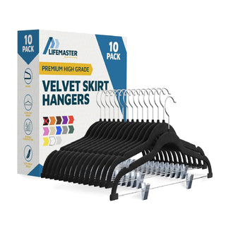 Velvet Skirt Hangers – with Adjustable Clips, 360 Degree Swivel Hook, and Non-Slip Shoulder Notch, Holds Up to 5 lbs, for Organizing Skirt, Pants, Dress, and Clothes, Black