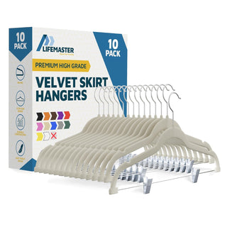 Lifemaster Velvet Skirt Hangers – With Adjustable Clips, 360 Degree Swivel Hook, and Non-Slip Shoulder Notch, Holds Up To 10 lbs, For Organizing Skirt, Pants, Dress, and Clothes
